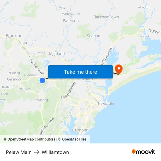 Pelaw Main to Williamtown map