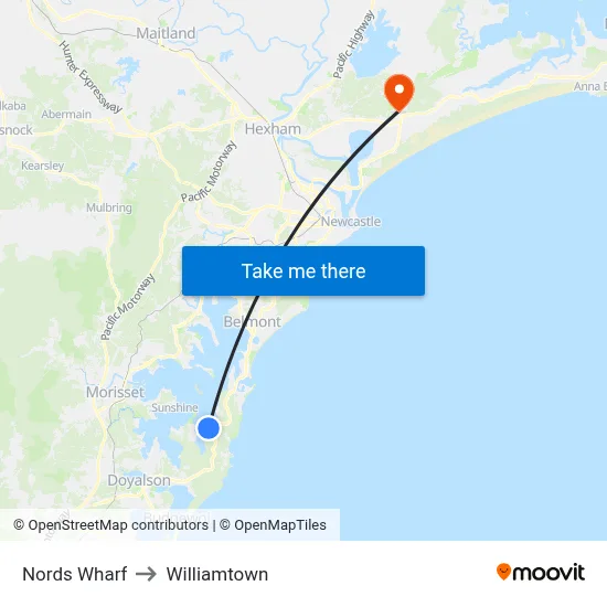Nords Wharf to Williamtown map