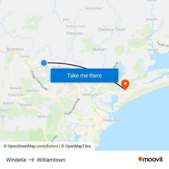 Windella to Williamtown map