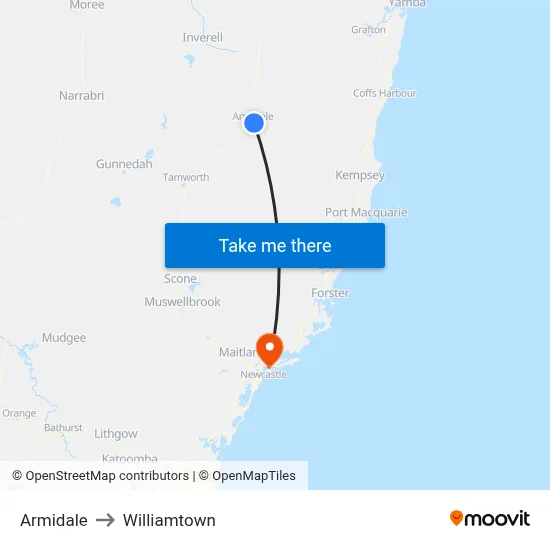Armidale to Williamtown map