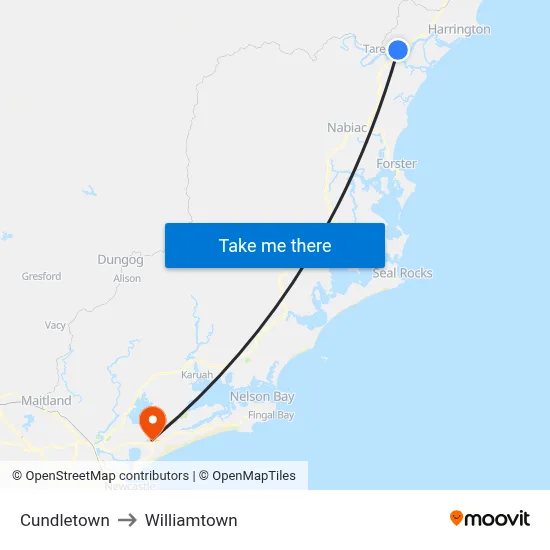 Cundletown to Williamtown map