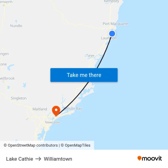 Lake Cathie to Williamtown map