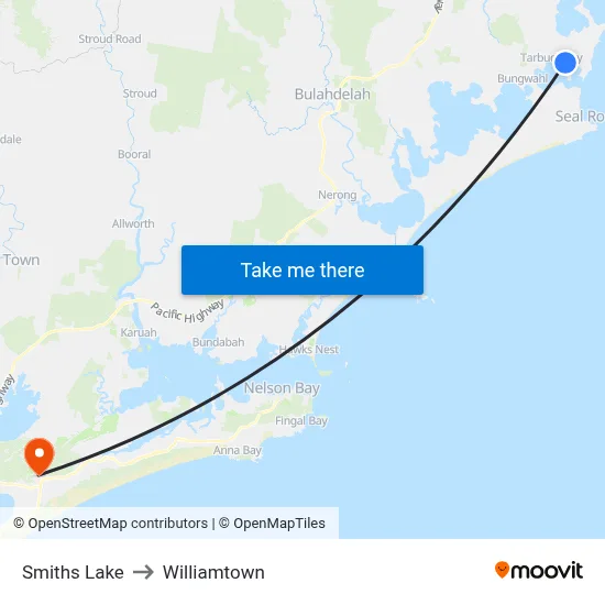 Smiths Lake to Williamtown map