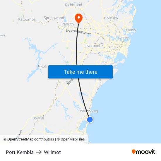 Port Kembla to Willmot map