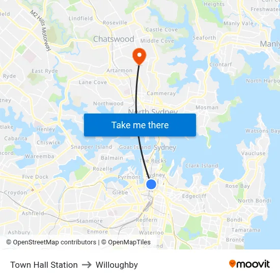 Town Hall Station to Willoughby map
