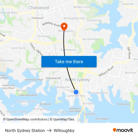 North Sydney Station to Willoughby map