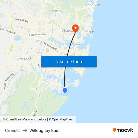 Cronulla to Willoughby East map