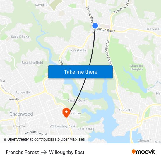 Frenchs Forest to Willoughby East map