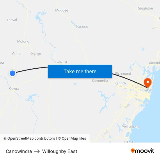 Canowindra to Willoughby East map