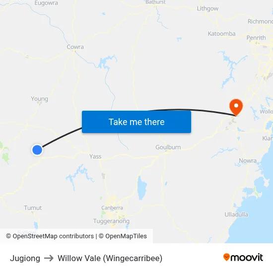 Jugiong to Willow Vale (Wingecarribee) map
