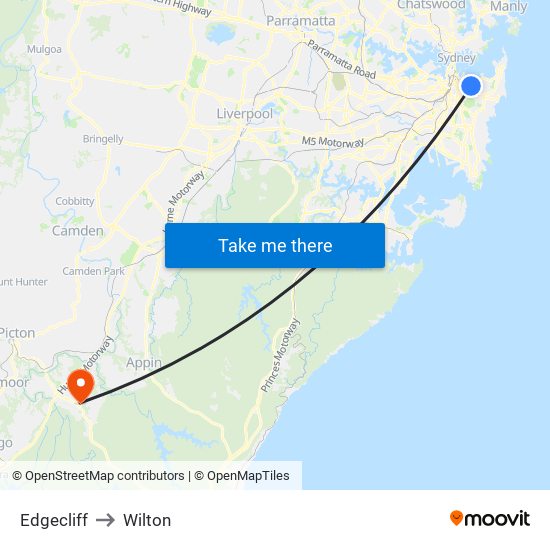 Edgecliff to Wilton map