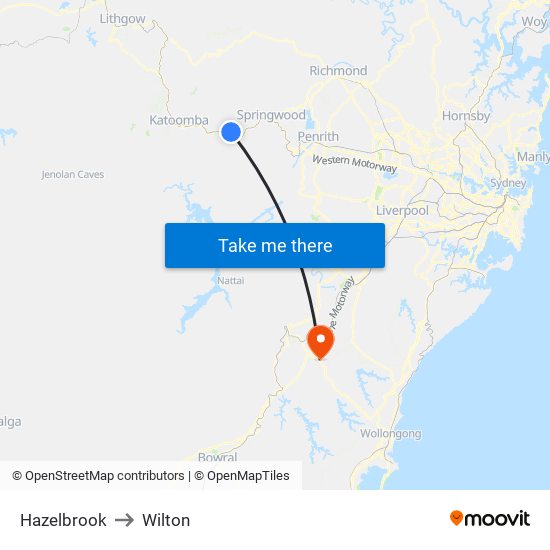 Hazelbrook to Wilton map