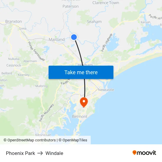 Phoenix Park to Windale map