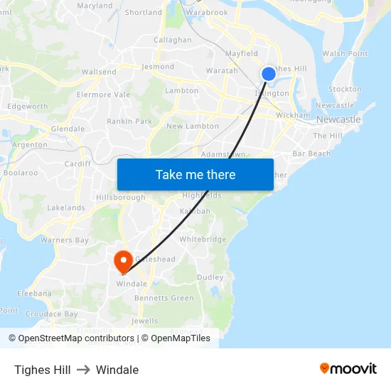 Tighes Hill to Windale map