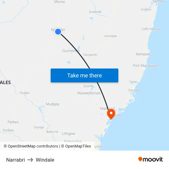 Narrabri to Windale map