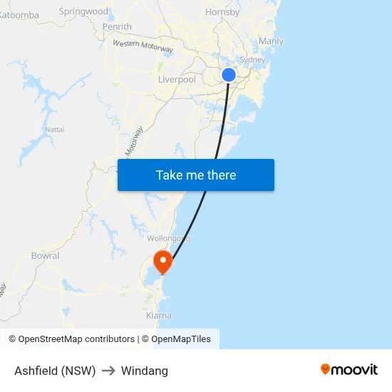 Ashfield (NSW) to Windang map