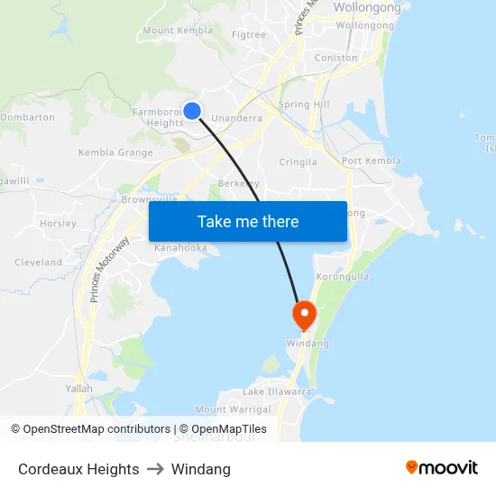Cordeaux Heights to Windang map
