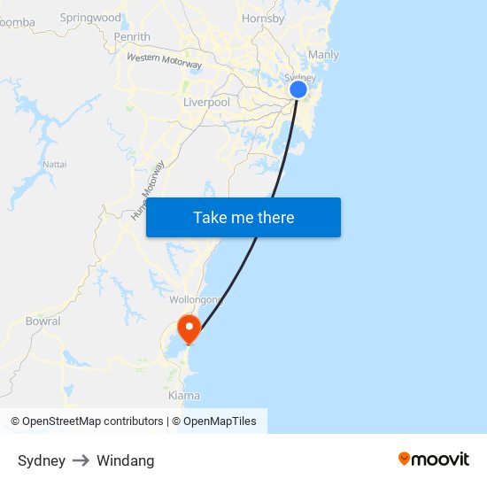 Sydney to Windang map