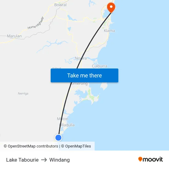 Lake Tabourie to Windang map
