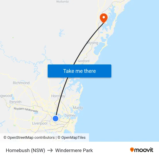 Homebush (NSW) to Windermere Park map