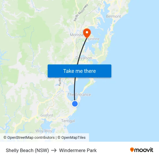 Shelly Beach (NSW) to Windermere Park map