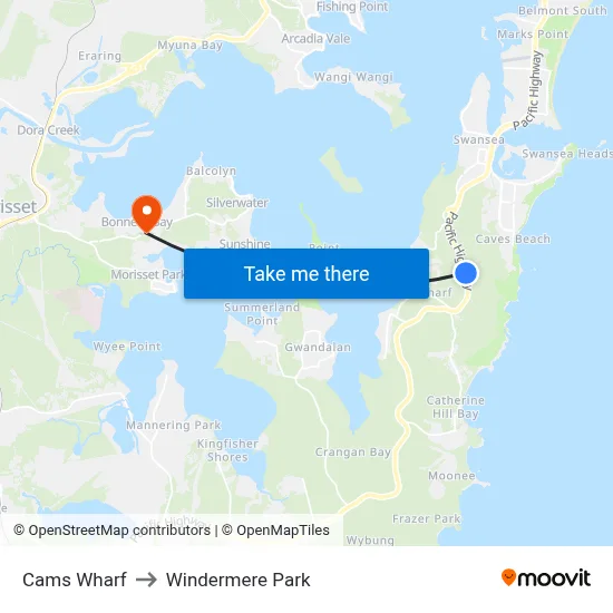 Cams Wharf to Windermere Park map