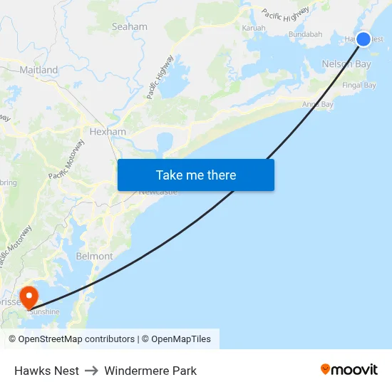 Hawks Nest to Windermere Park map
