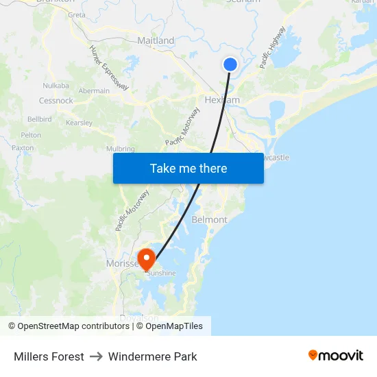 Millers Forest to Windermere Park map