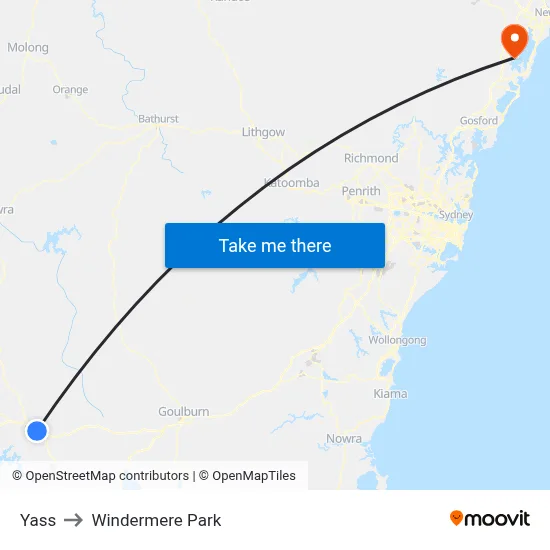 Yass to Windermere Park map