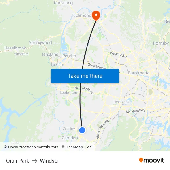 Oran Park to Windsor map