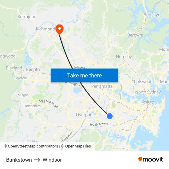 Bankstown to Windsor map