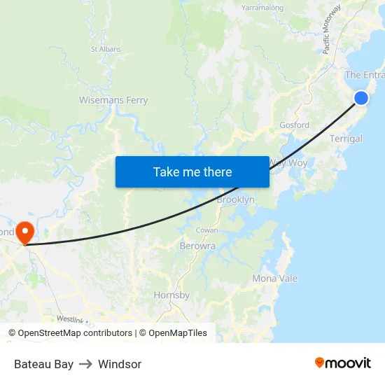 Bateau Bay to Windsor map