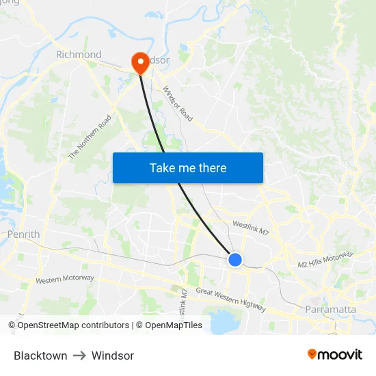 Blacktown to Windsor map