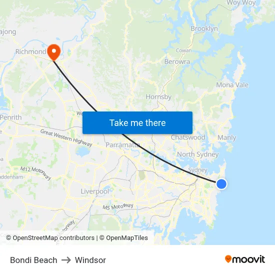 Bondi Beach to Windsor map
