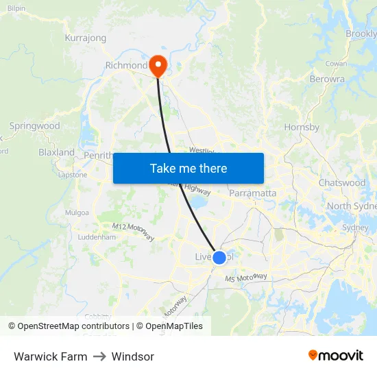 Warwick Farm to Windsor map
