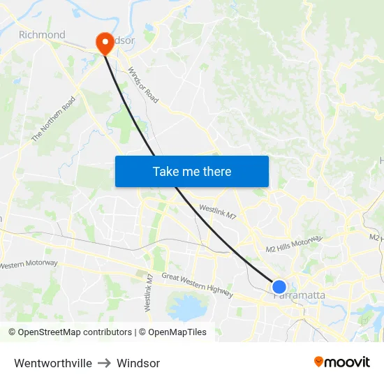 Wentworthville to Windsor map