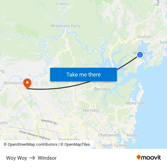 Woy Woy to Windsor map