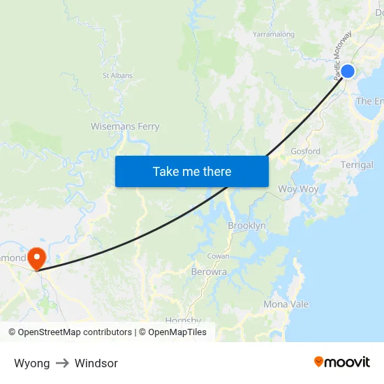Wyong to Windsor map