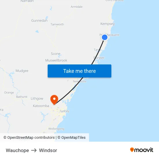 Wauchope to Windsor map
