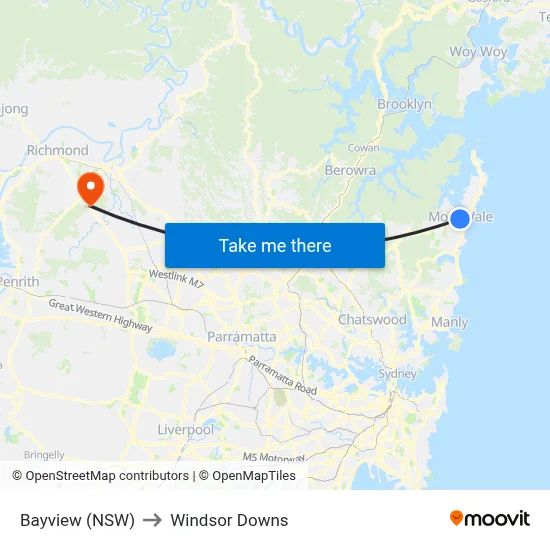Bayview (NSW) to Windsor Downs map