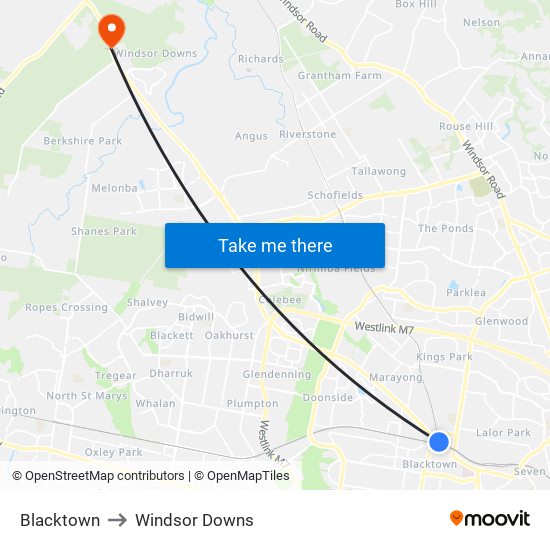 Blacktown to Windsor Downs map