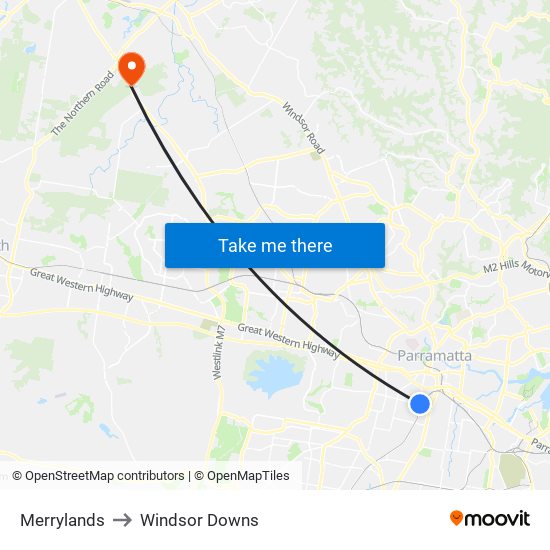 Merrylands to Windsor Downs map