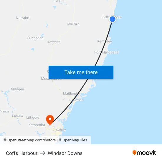 Coffs Harbour to Windsor Downs map