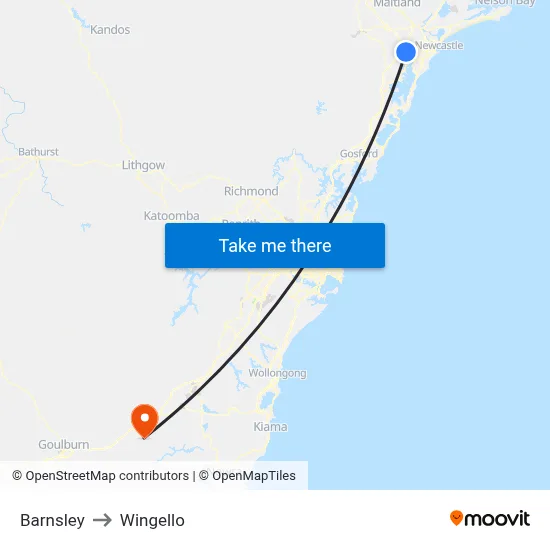 Barnsley to Wingello map