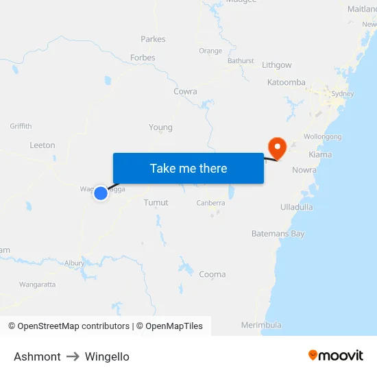Ashmont to Wingello map