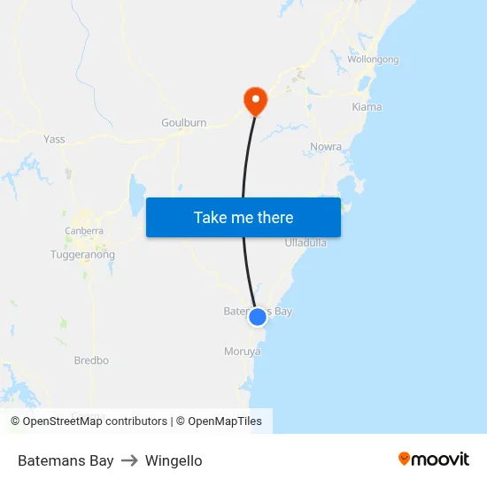 Batemans Bay to Wingello map