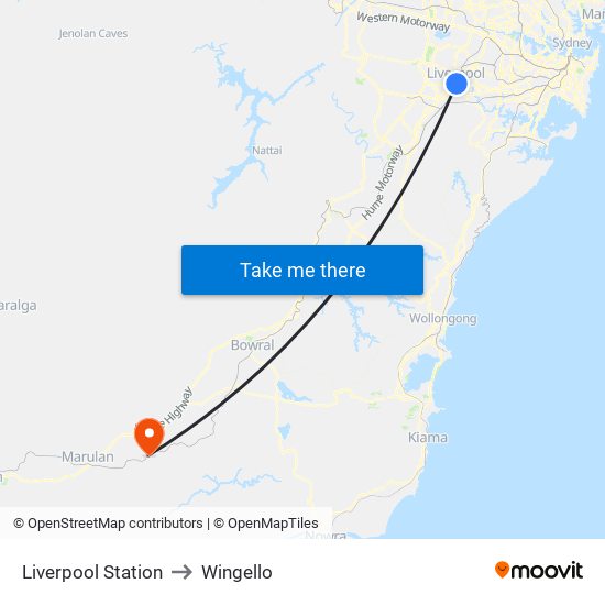 Liverpool Station to Wingello map