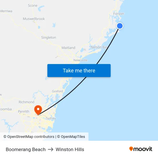 Boomerang Beach to Winston Hills map