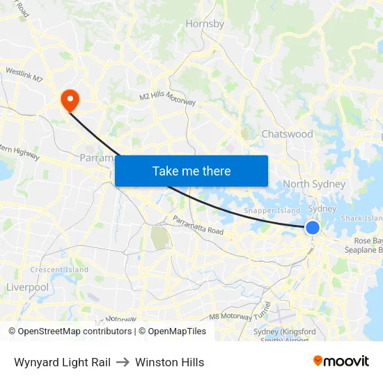 Wynyard Light Rail to Winston Hills map