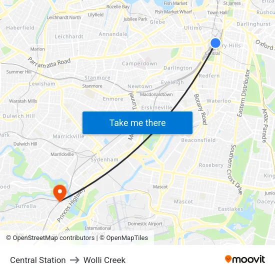 Central Station to Wolli Creek map